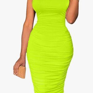 Women'sTank Top Bodycon Ruched Sleeveless Basic Midi Party Dress